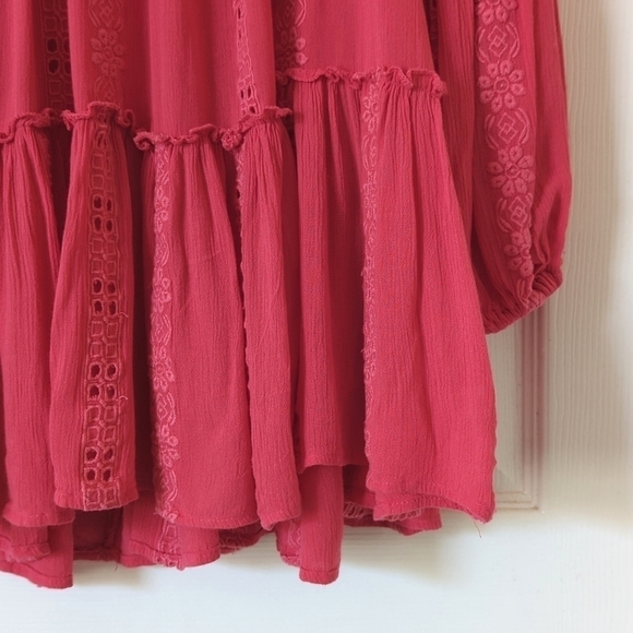 Free People Sweetest Dream Embroidered Long Puff Sleeve Tiered Tunic Top Pink XS - Picture 9 of 16